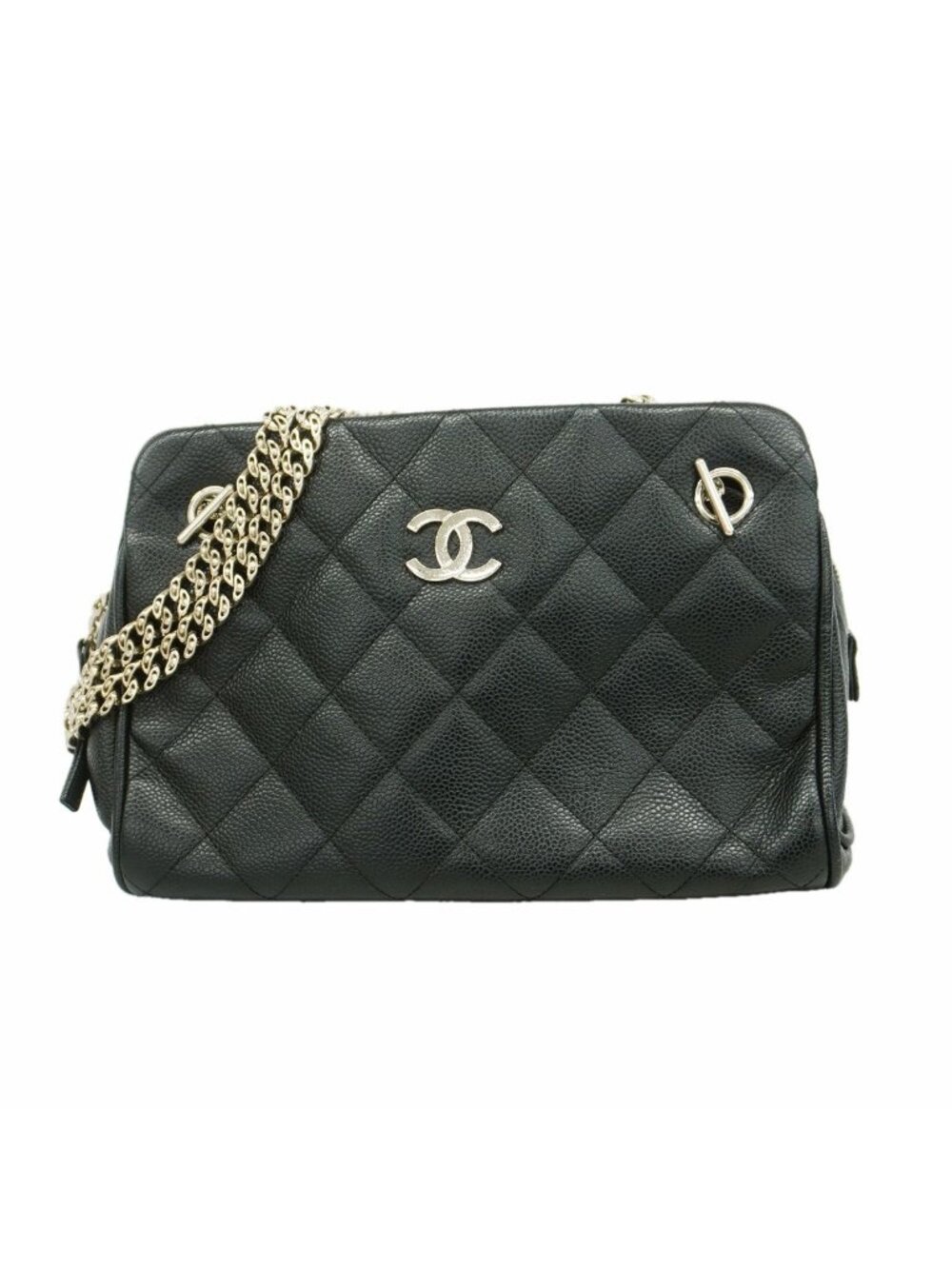 Chanel Shoulder Bag Quilted Caviar Leather Black Silver